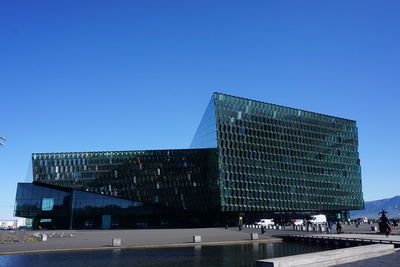 Low angle view of modern building against clear blue sky