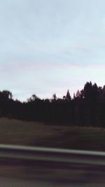 Trees on field against sky at sunset