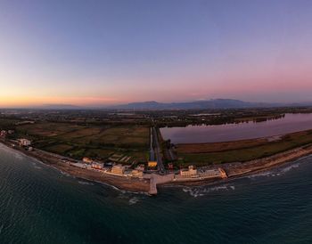 High angle view of river at sunset