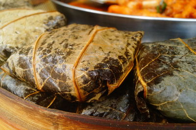 High angle view of shells in plate