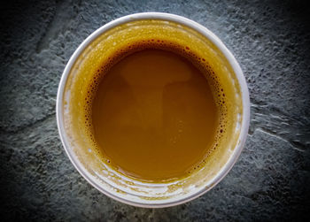 High angle view of coffee cup on table