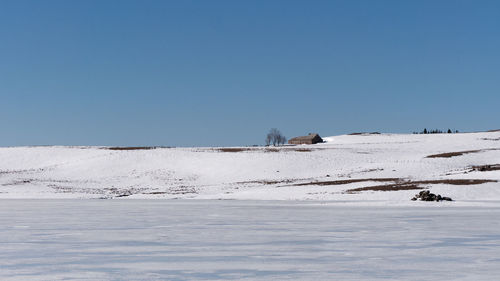 Scenic view of snow covered land against clear blue sky