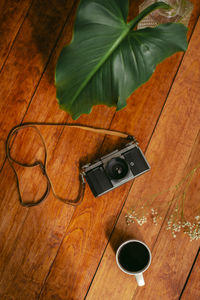 High angle view of camera on table