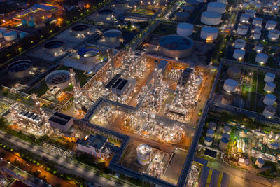 High angle view of illuminated cityscape at night