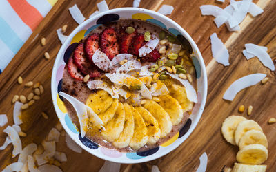 High angle view of breakfast served on table