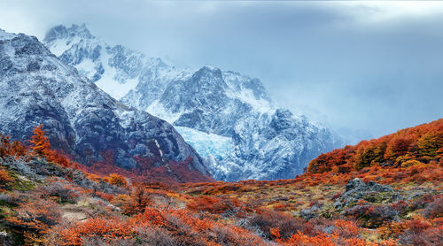 Scenic view of mountains against sky during autumn