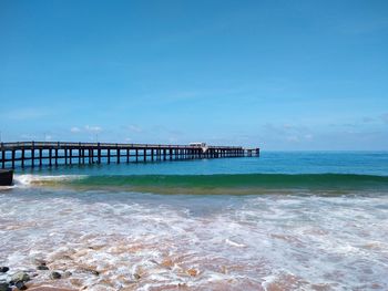 Scenic view of sea against clear blue sky, valiyathura sea bridge, thiruvananthapuram