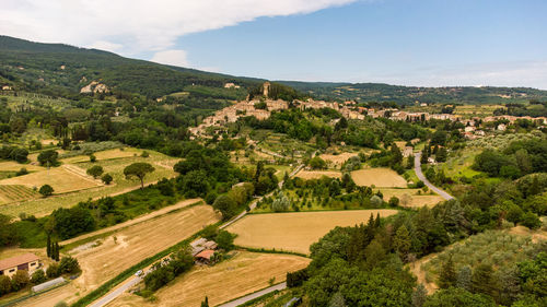 Stunning aerial view of the medieval tuscan village of cetona, italy.