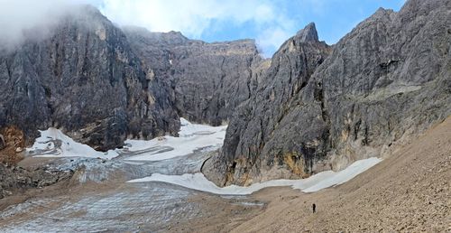 Panoramic view of snow covered land and mountains against sky