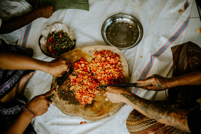 High angle view of woman preparing food