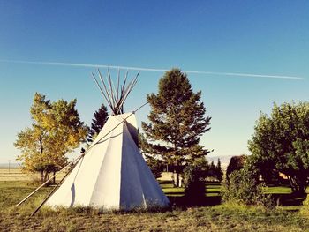 Tent on field against clear sky