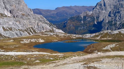 Scenic view of lake by mountains