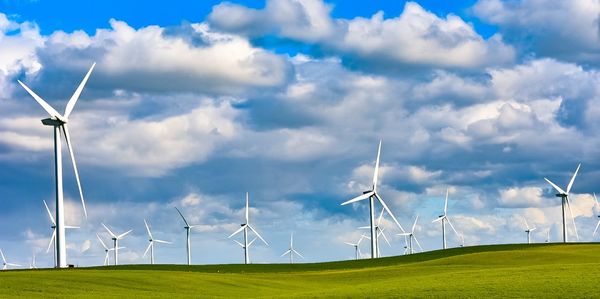 Windmills on field against sky