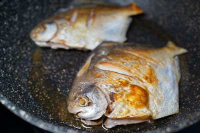 High angle view of fish on barbecue