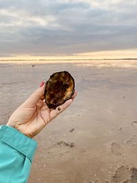 Man holding umbrella on beach against sky