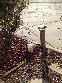 High angle view of metal railing in water