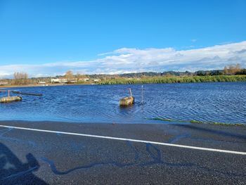 Scenic view of lake against blue sky