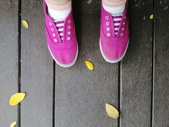 Low section of woman standing on wood