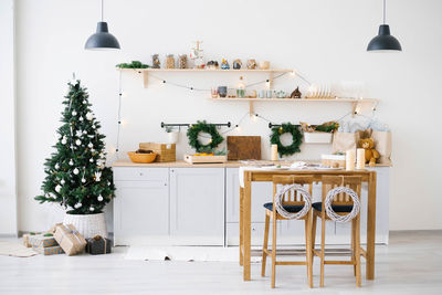 New year and christmas. festive scandinavian cuisine in christmas decorations. candles