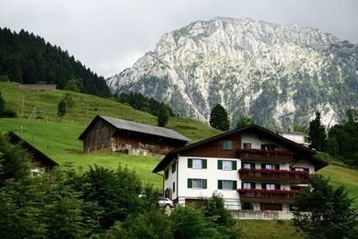 House amidst trees and buildings against sky