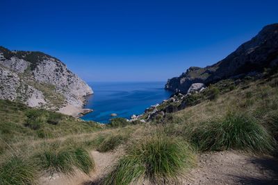 Scenic view of sea against clear blue sky