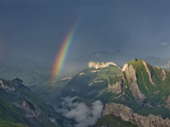 Scenic view of rainbow over mountains against sky