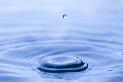 Close-up of drop falling on blue water