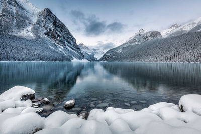 Scenic view of lake by snowcapped mountains against sky