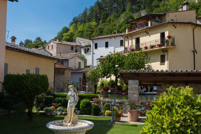 Trees and houses against buildings in city