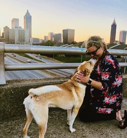 Dog standing by cityscape against sky in city