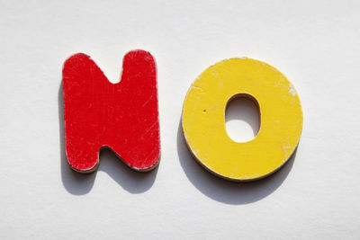 Wooden letters form the word no on light background