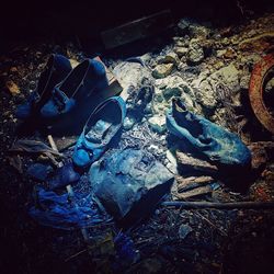 High angle view of messy shoes