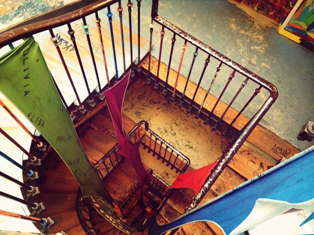 high angle view, table, chair, wood - material, absence, indoors, empty, mode of transport, transportation, seat, bench, no people, day, railing, steps, sunlight, restaurant, boat, nautical vessel