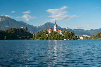 Scenic view of lake by building against sky