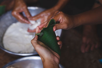 High angle view of woman preparing food