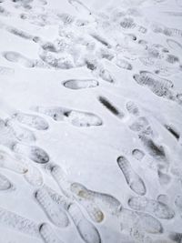 High angle view of footprints on snow covered land