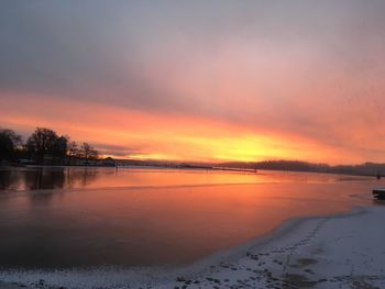 Scenic view of lake against sky during sunset