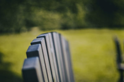 Close-up of vintage car on field