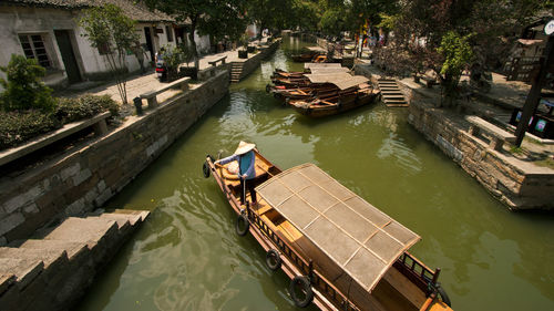 High angle view of boats moored in lake