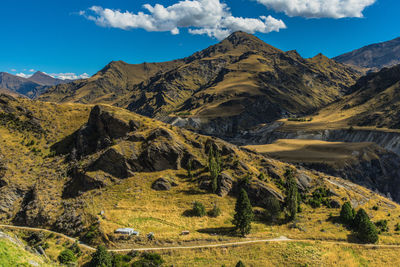 Scenic view of landscape and mountains against sky