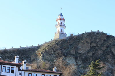 Low angle view of lighthouse by building against clear sky