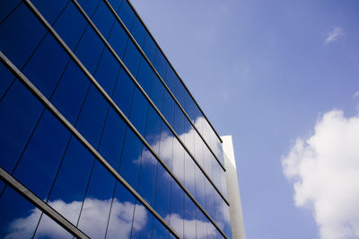 Low angle view of modern building against blue sky