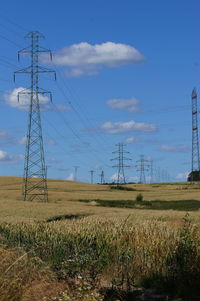 Electricity pylon on field against sky