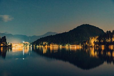 Scenic view of lake by mountains against clear sky