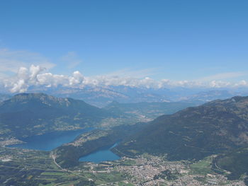 Aerial view of landscape and mountains against sky