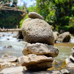 Close-up of stone stack on rock