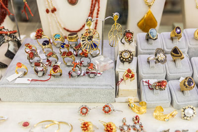 High angle view of christmas decorations on table