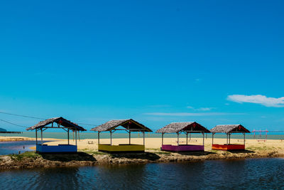 House by sea against blue sky