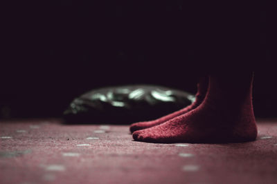 Low section of person wearing socks standing on carpet at home