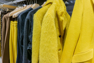 Close-up of warm clothing in store